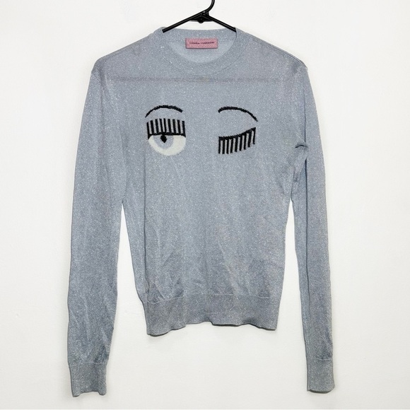 Chiara Ferragni Flirting Crew Neck Jumper Knitted Metallic Silver Pullover sz S - Picture 2 of 6